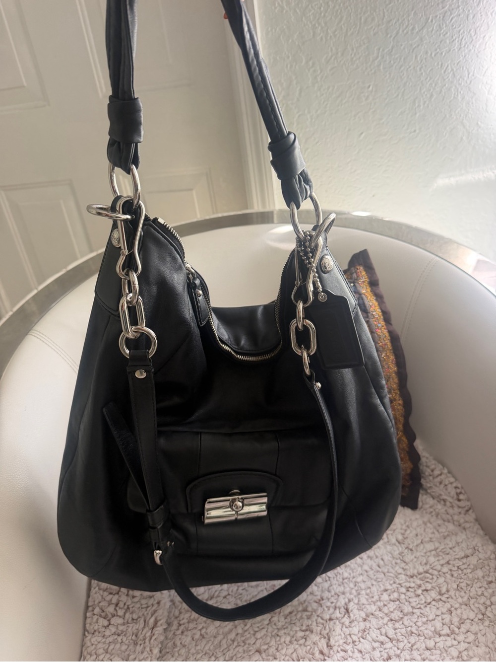 Coach Black Leather Shoulder Bag with Silver Hardware